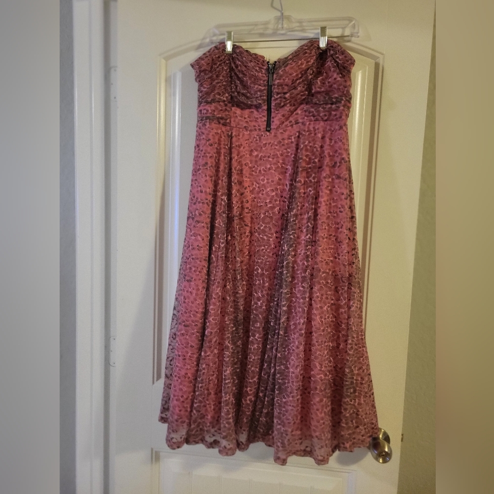 COPY - pink dress with black cheetah print. Strapless with a zipper in the bust.